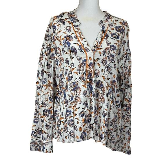 Porridge Keegan Ruffled Babydoll blouse, cream/blue/rust, feminine, bohemian - Picture 1 of 6